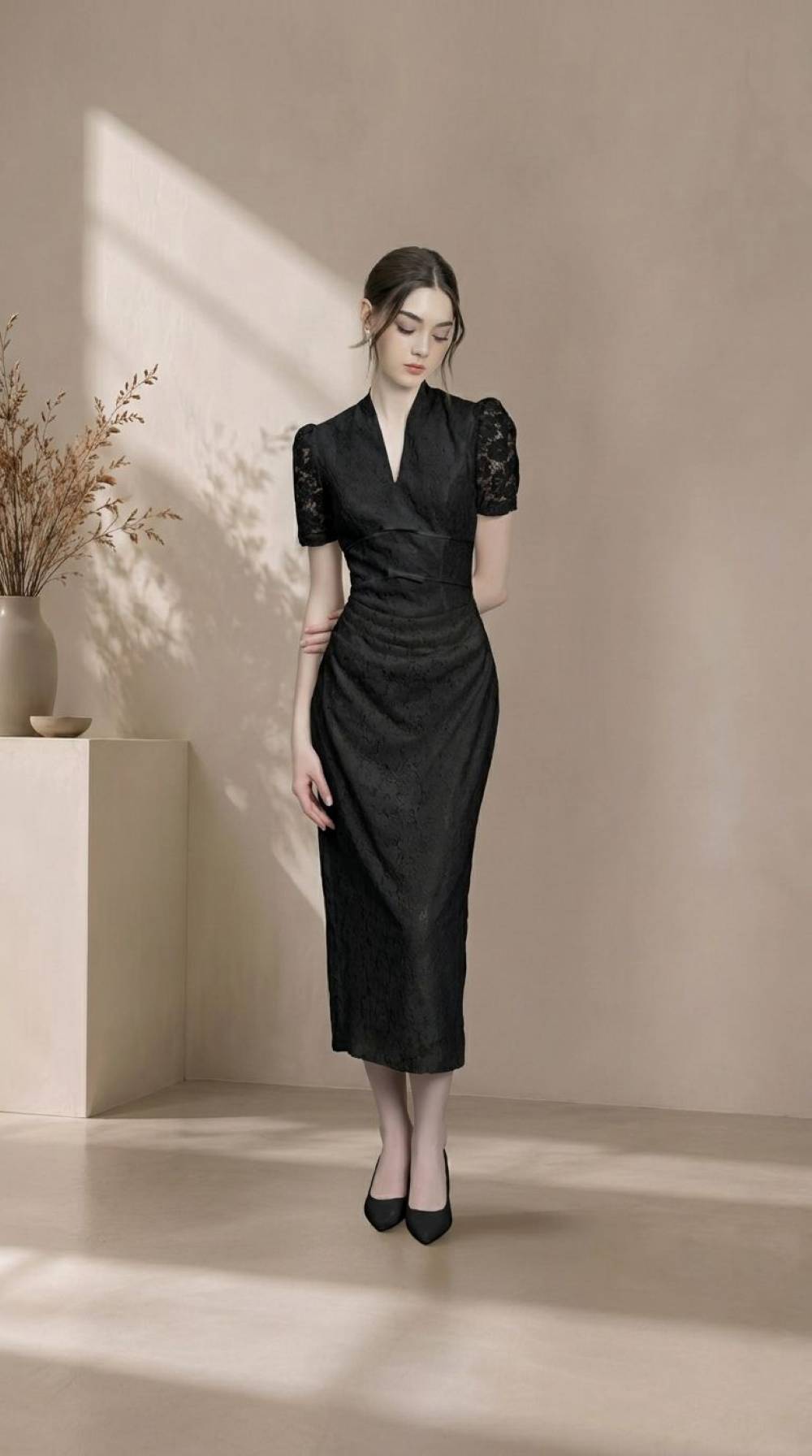 Đầm ren hoa cổ V tay ren - Ảnh 8